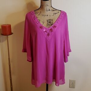 NWT American Glamour Badgley Mischka Magenta Sequin Top - Large